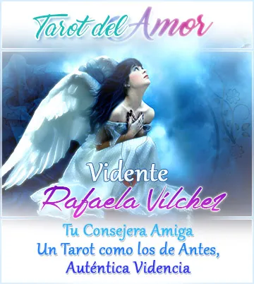 Ilustración de una mujer angelical con alas, con texto promocional de tarot del amor por la vidente Rafaela Vilchez.